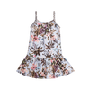 Girls tropical print summer dress with braided straps. Palm trees and hummingbirds are the main focus of this dress. Made with lightweight jersey material this dress is by Imoga.