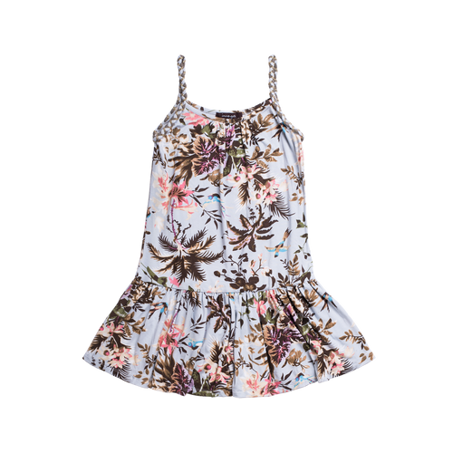 Girls tropical print summer dress with braided straps. Palm trees and hummingbirds are the main focus of this dress. Made with lightweight jersey material this dress is by Imoga. 
