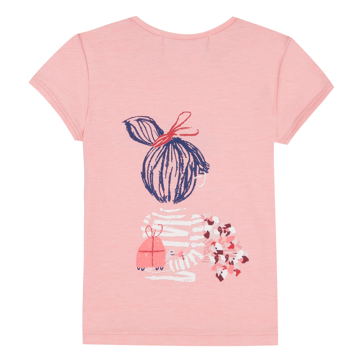 Jean Bourget short-sleeved cotton jersey T-shirt is printed with a pattern that extends into the back of a girl holding a bouquet of flowers in her hand.