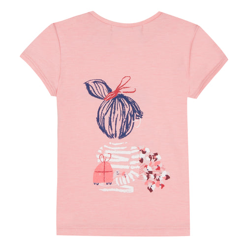 Jean Bourget short-sleeved cotton jersey T-shirt is printed with a pattern that extends into the back of a girl holding a bouquet of flowers in her hand.