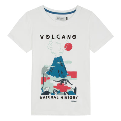 Very graphic, this short-sleeved tee-shirt in white cotton jersey invites a return to prehistory. A volcano is screen printed in cobalt blue in a red and blue gray decor. Shop Jean Bourget.