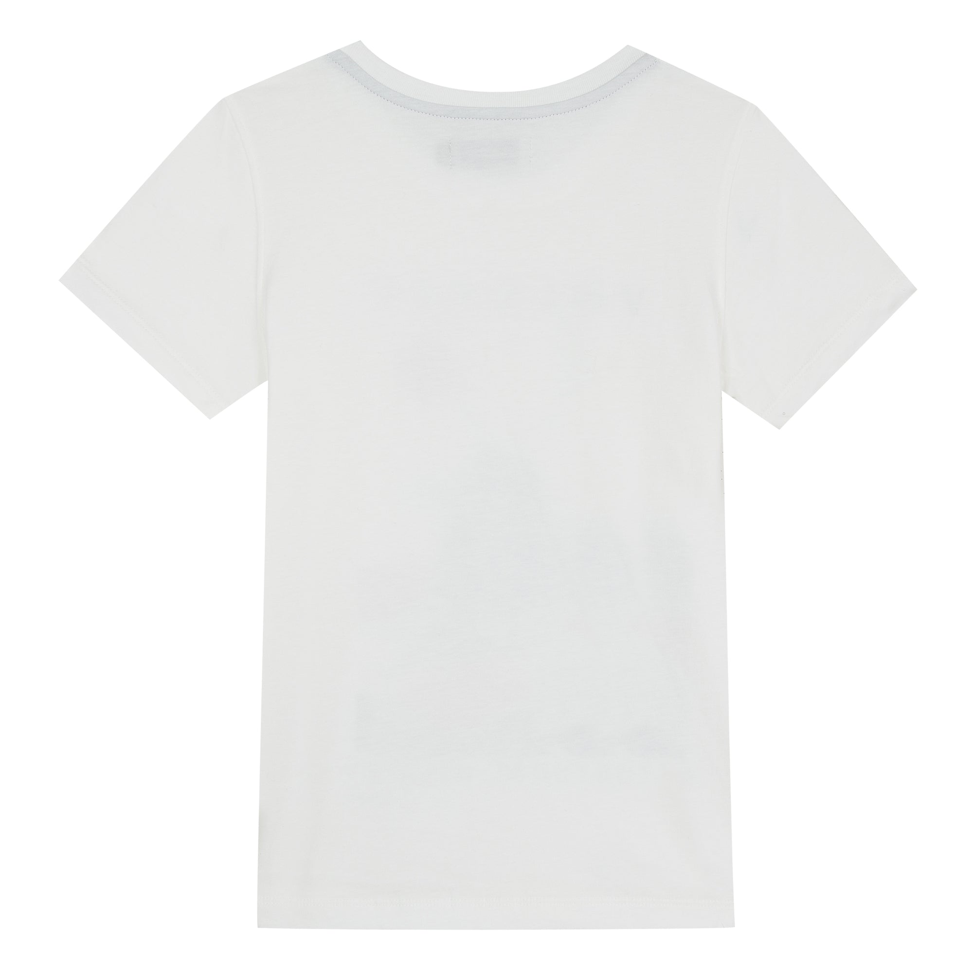 Very graphic, this short-sleeved tee-shirt in white cotton jersey invites a return to prehistory. A volcano is screen printed in cobalt blue in a red and blue gray decor. Shop Jean Bourget.