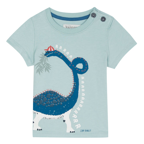short-sleeved T-shirt in mint green cotton jersey is screen printed with a funny diplodocus wearing a striped cap deigned by Jean Bourget.