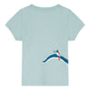 short-sleeved T-shirt in mint green cotton jersey is screen printed with a funny diplodocus wearing a striped cap deigned by Jean Bourget.