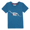 Jean Bourget short-sleeved T-shirt in cobalt blue cotton jersey is screen printed with a dinosaur skeleton carrying a surfboard.