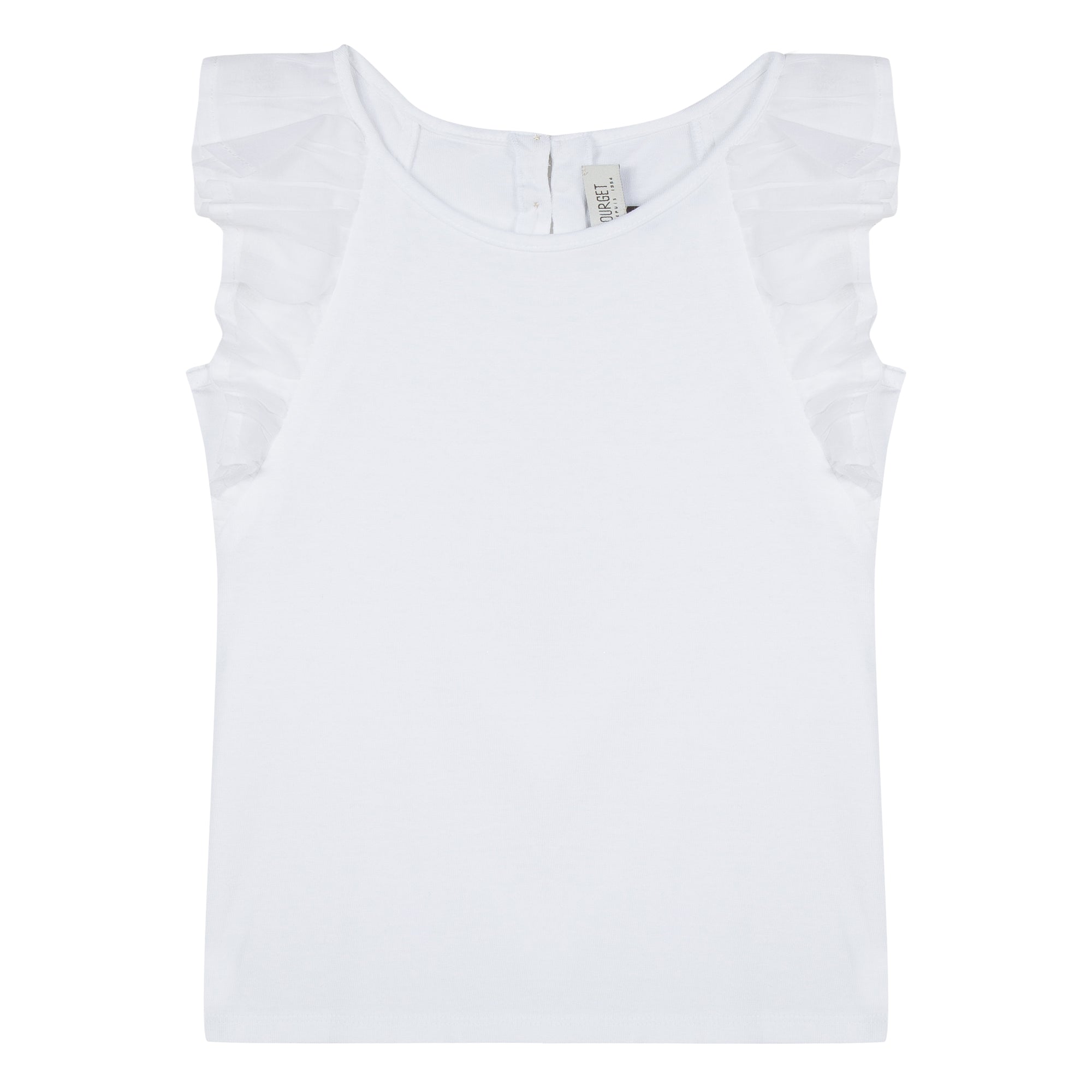 p in cotton jersey and modal and embellished with elegant ruffles in transparent cotton voile on the sleeves.