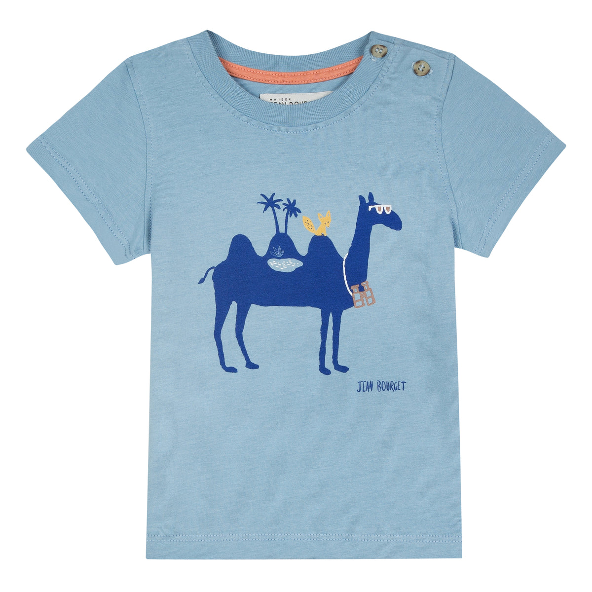 Blue cotton jersey t-shirt printed with a camel adorned with glasses on the front. Two buttons placed on the left shoulder. By Jean Bourget.