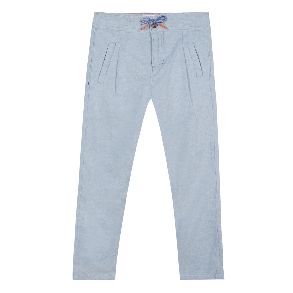 blue chambray pants have a graphic drawstring with orange ends. Fluid and light, silhouette is trimmed with two welt pockets at the front and back. Deigned by Jean Bourget.