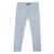 blue chambray pants have a graphic drawstring with orange ends. Fluid and light, silhouette is trimmed with two welt pockets at the front and back. Deigned by Jean Bourget.