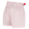 Jean Bourget spring shorts in ecru cotton voile are punctuated with red poppy stripes and enhanced with metallic lurex. Two large folds structure the cut to bring a fluid and light volume.
