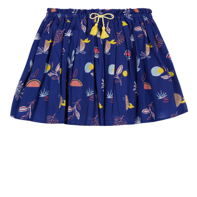 Jean Bourget skirt in ultramarine cotton crepe is printed with an exotic pattern in all over.