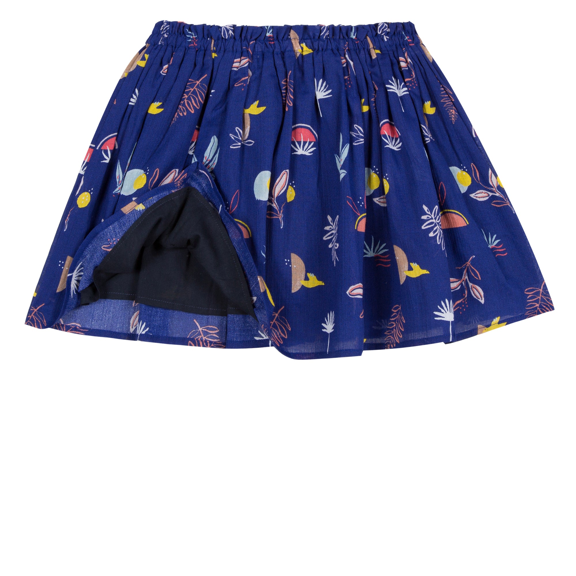 Jean Bourget skirt in ultramarine cotton crepe is printed with an exotic pattern in all over.