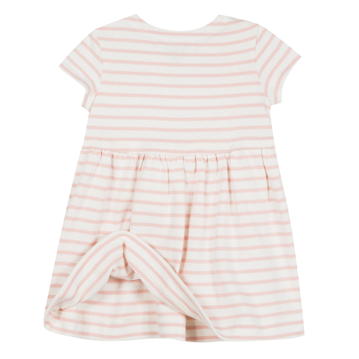 Tenderly striped with pale pink, this dress in heavy cotton jersey. Animated with folds on the skirt and a breast pocket, deigned by Jean Bourget.