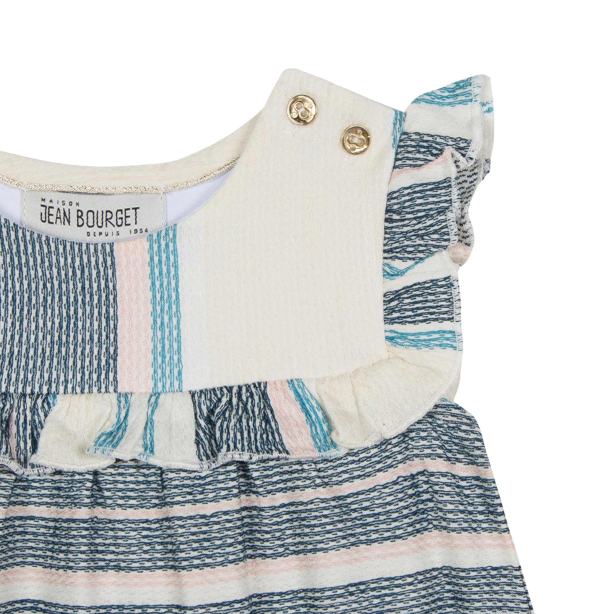 Jean Bourget jacquard dress is striped with turquoise blue, pale pink and jade. Its fluid with light material and ruffles on the sleeves.