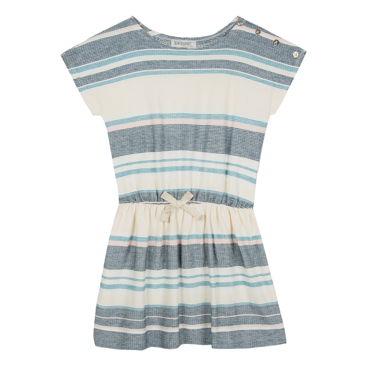 Ecru jacquard dress is striped with turquoise blue, pale pink and jade. Its fluid and light material is very flexible. The silhouette is bent by an elastic at the waist, enhanced by a golden lurex knot. By Jean Bourget.