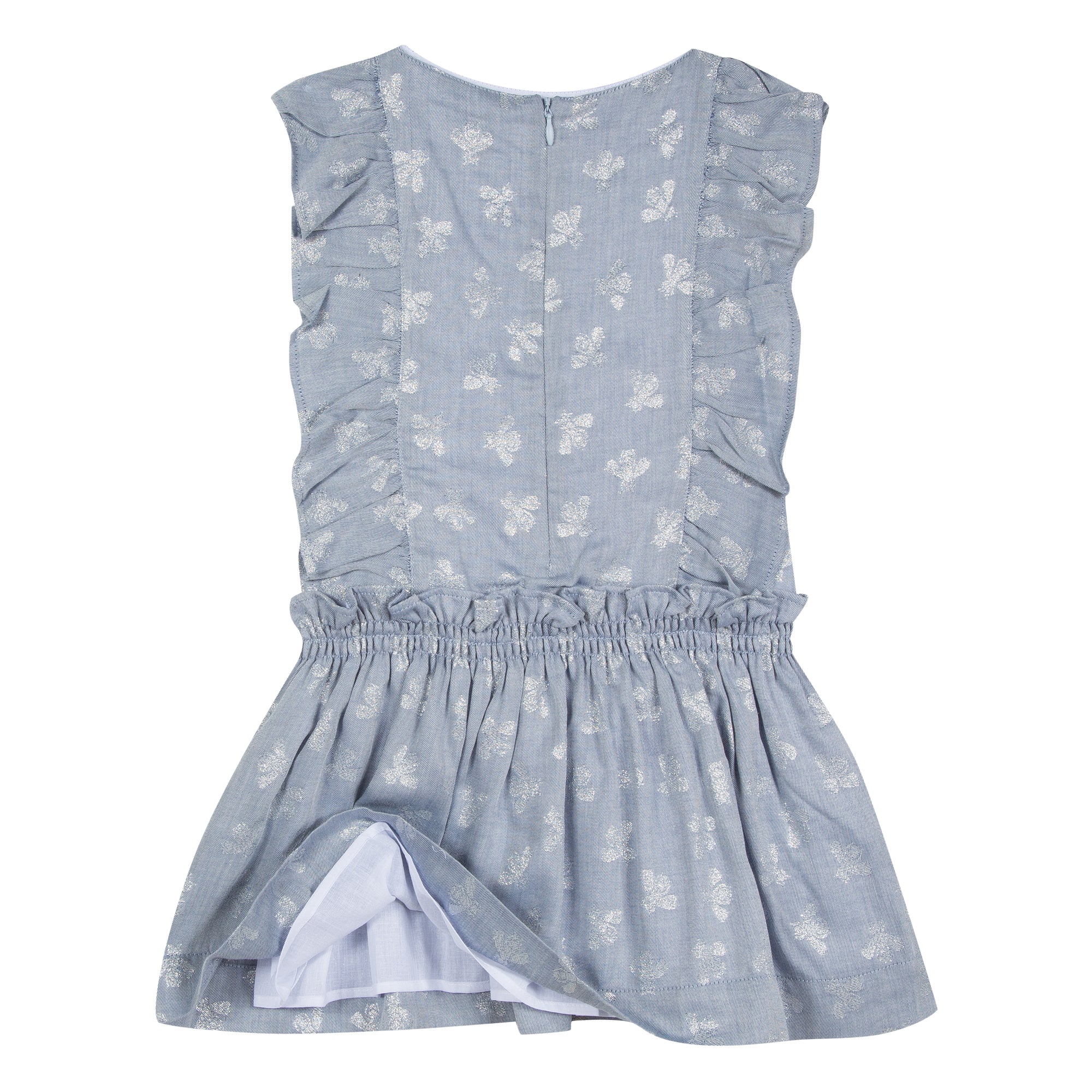 Jean Bourget light blue chambray dress is adorned with silver lurex bees in all over. The silhouette is animated with bands fluttering on the sides at the front and in the back. The skirt is pleated and the waist is bent by an elastic decorated with a golden bow.