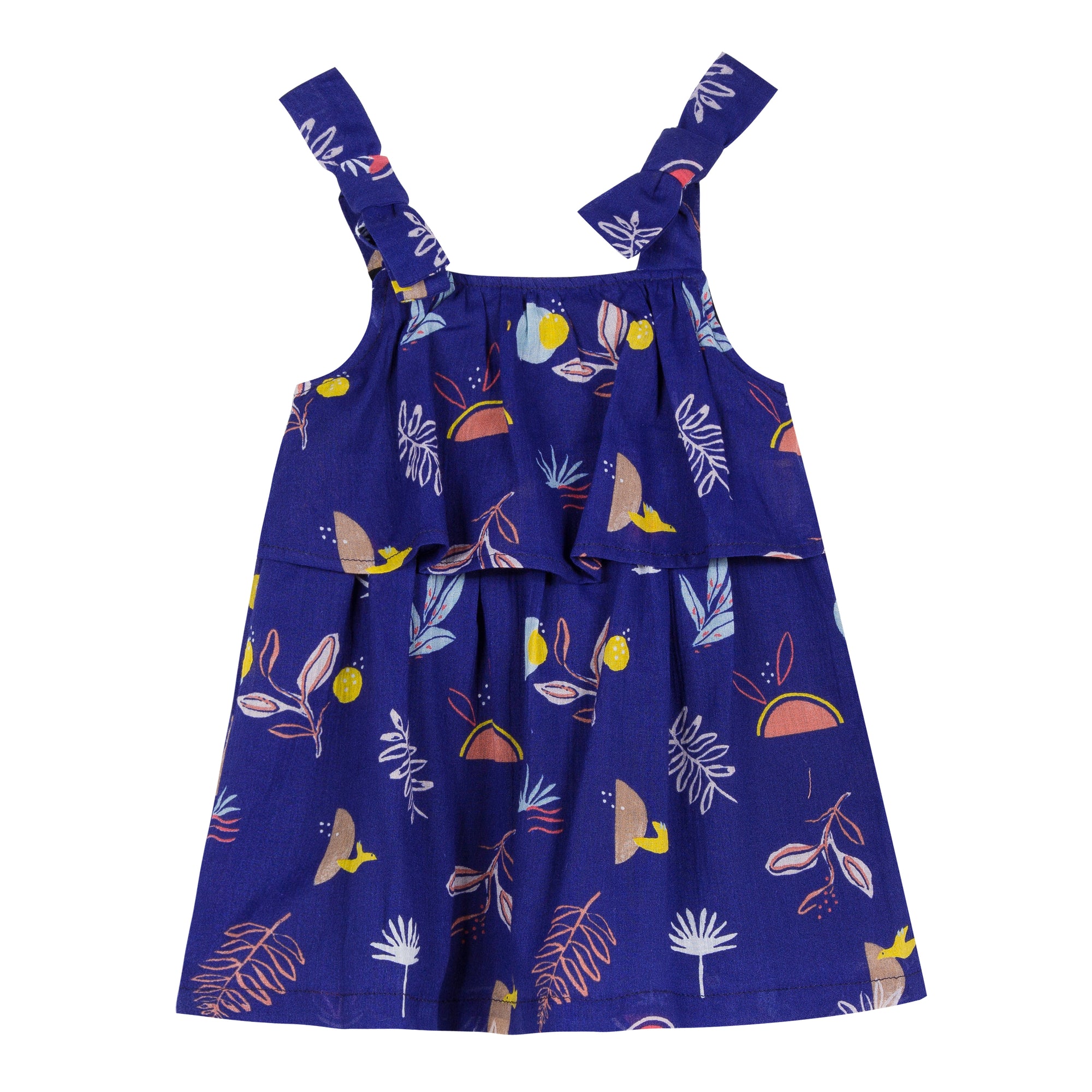 Ultramarine cotton-crepe dress is printed with a cheerful, exotic pattern of birds and tropical plants all over. Designed by Jean Bourget.