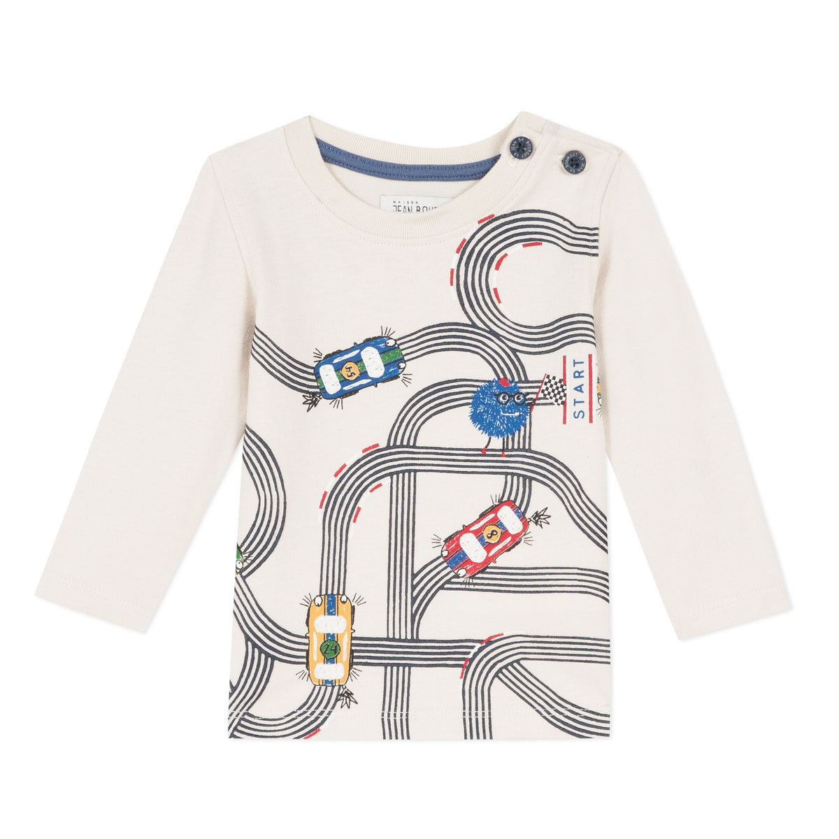 Jean Bourget long-necked, round-necked, beige cotton jersey T-shirt is emblashed in an original "Monster and Cars" print.