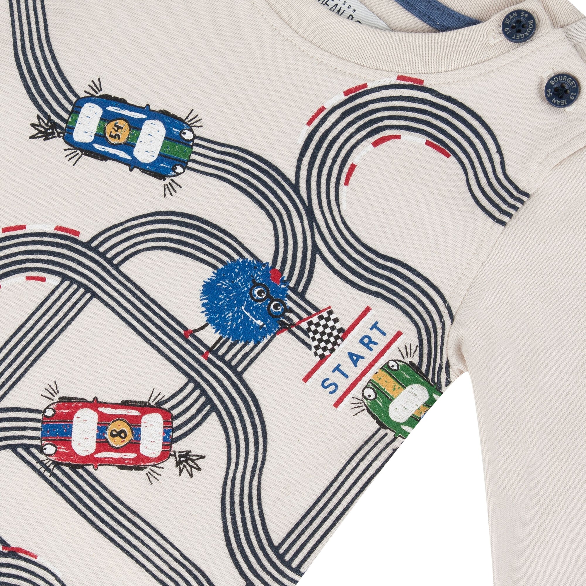 Jean Bourget long-necked, round-necked, beige cotton jersey T-shirt is emblashed in an original "Monster and Cars" print.