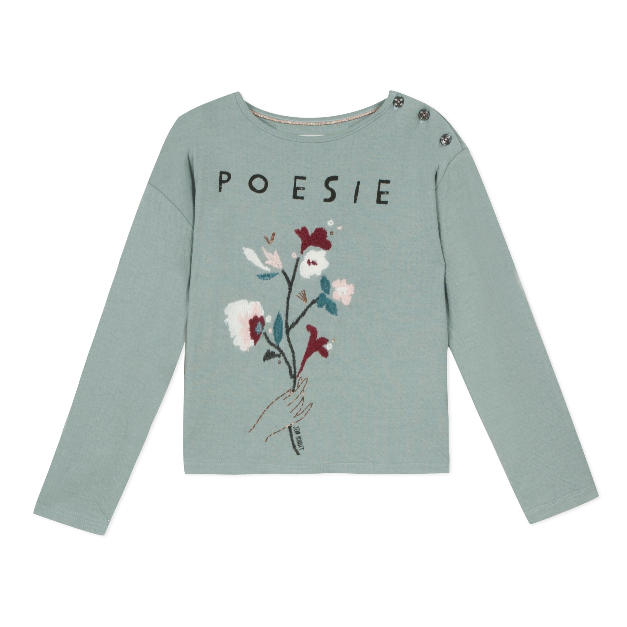 Blue grey jacquard knit with long sleeves and round neck features a floral bouquet embroidered with gold lurex at the collar and sleeves by Jean Bourget.
