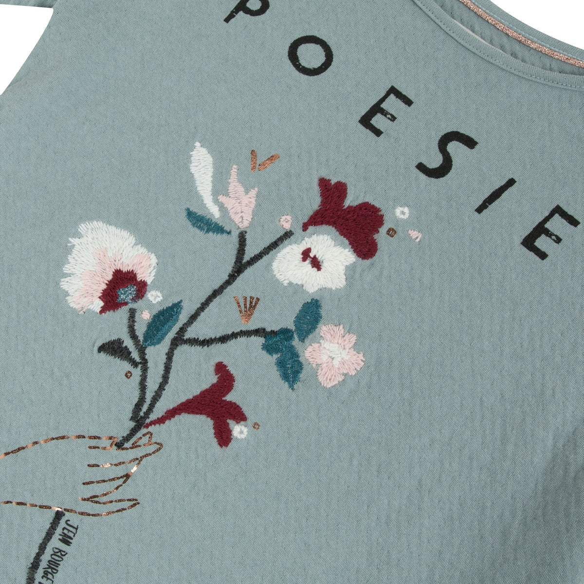 Blue grey jacquard knit with long sleeves and round neck features a floral bouquet embroidered with gold lurex at the collar and sleeves by Jean Bourget.