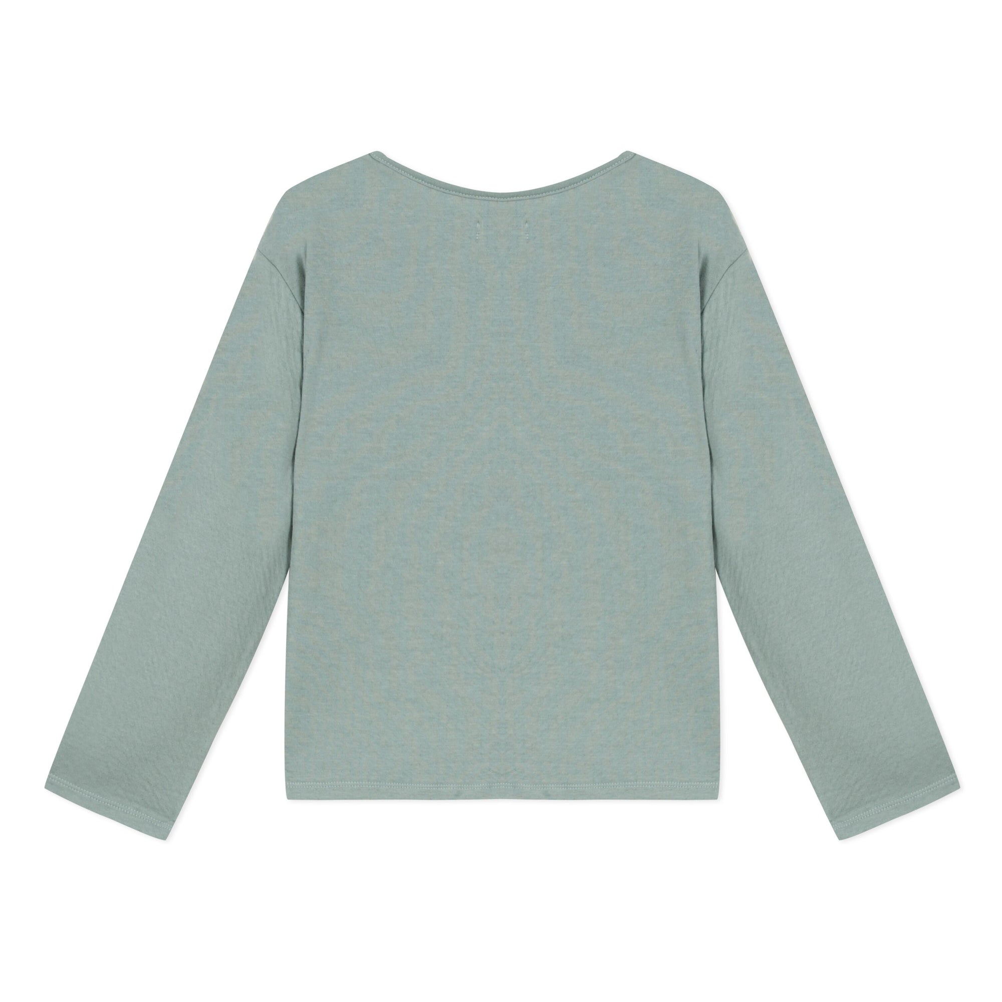 Blue grey jacquard knit with long sleeves and round neck features a floral bouquet embroidered with gold lurex at the collar and sleeves by Jean Bourget.