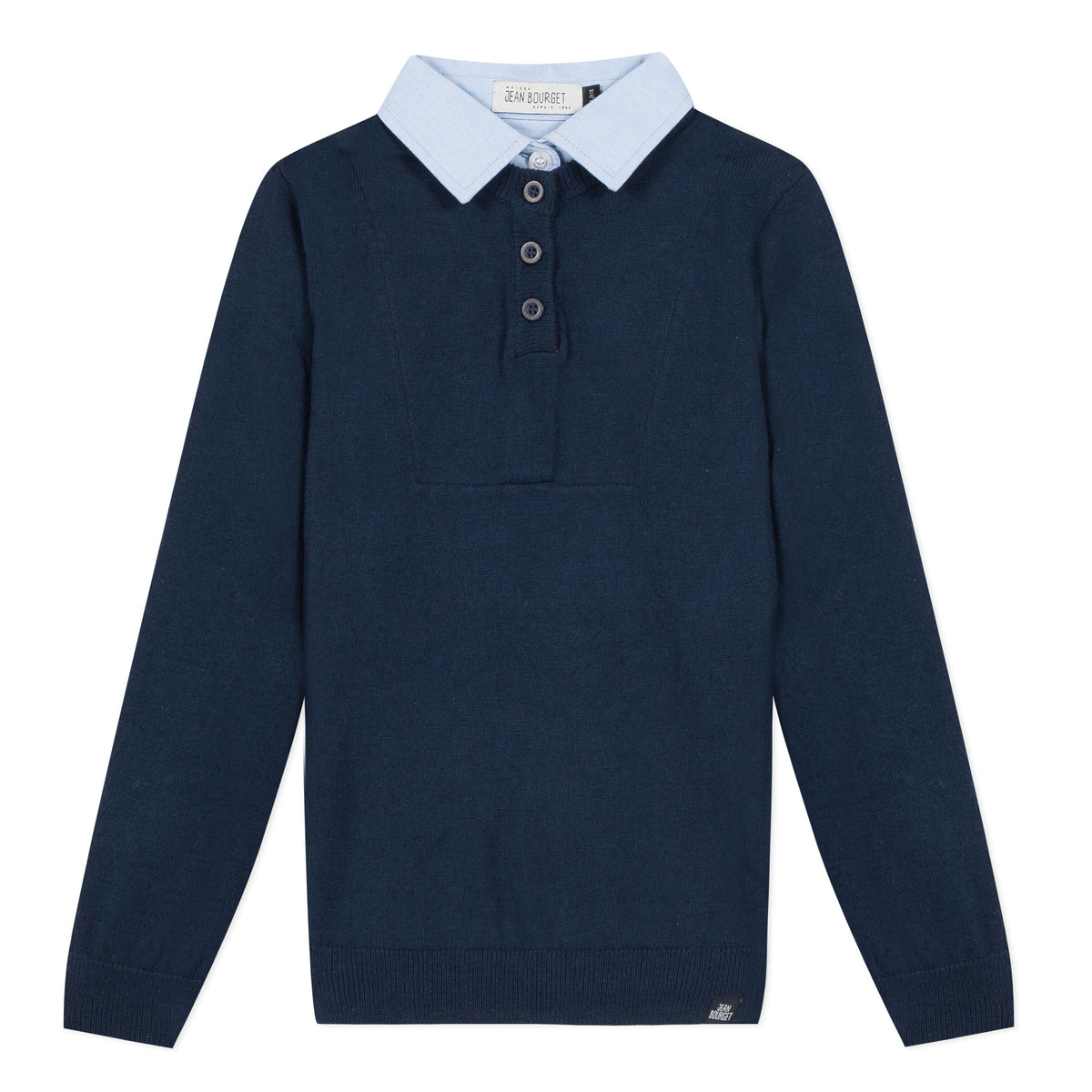 Classic revisited, this long-sleeved navy wool knit features a sky cotton shirt collar and burgundy seams. Three button closure marked Jean Bourget.