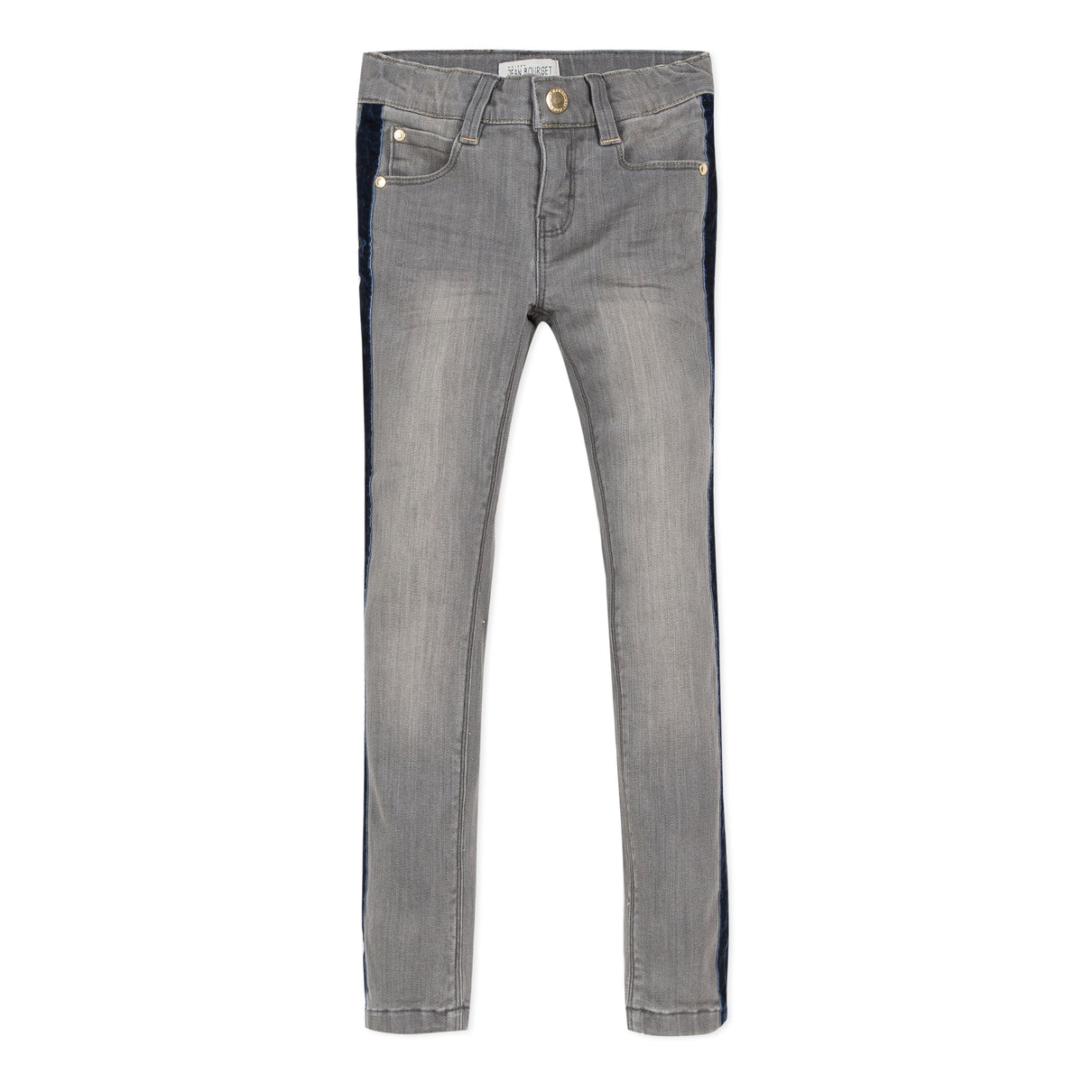 Jean Bourget classic dark grey striped denim pants near the body revisited with navy velvet