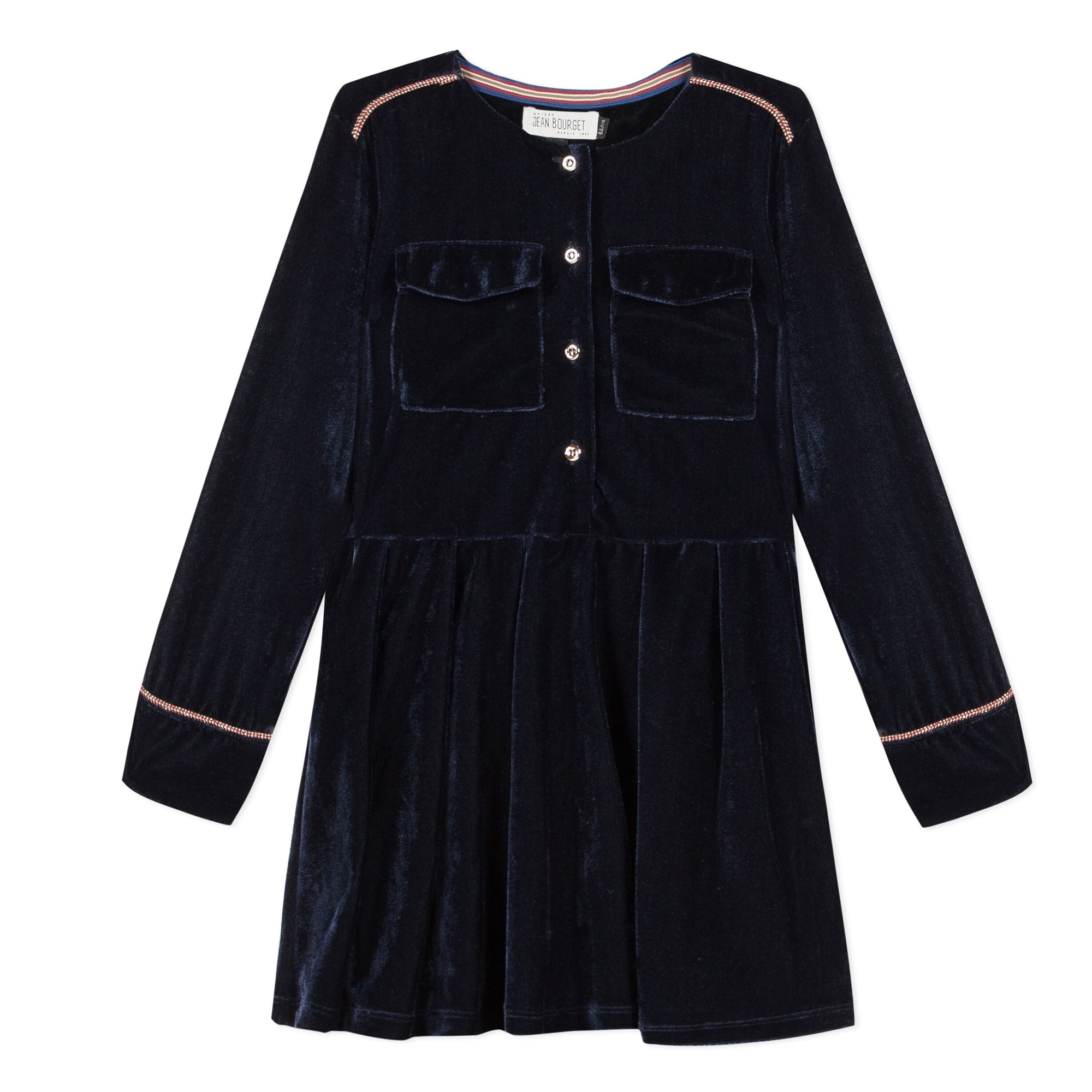Jean Bourget navy velvet dress with round neck and long sleeves embellished with chic details: burgundy and gold stripes at the neckline and cuffs, 2 pockets in front.