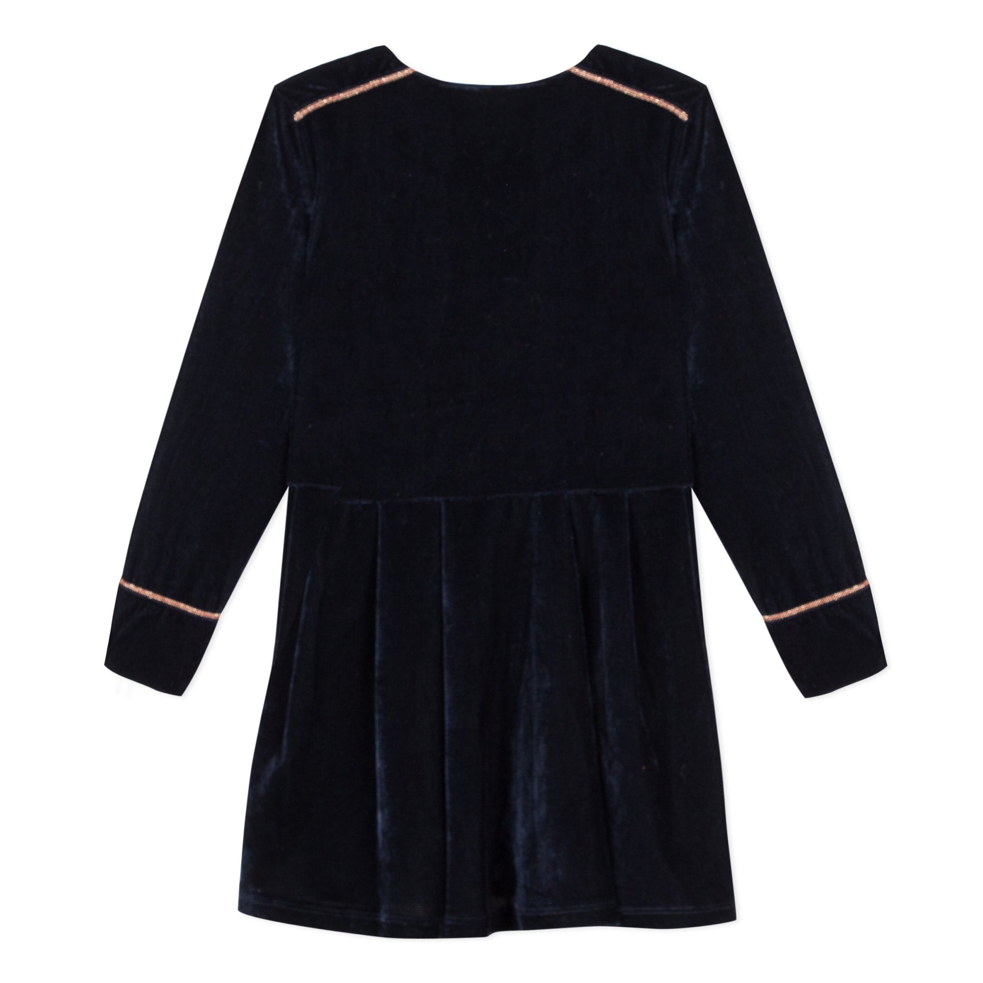 Jean Bourget navy velvet dress with round neck and long sleeves embellished with chic details: burgundy and gold stripes at the neckline and cuffs, 2 pockets in front.