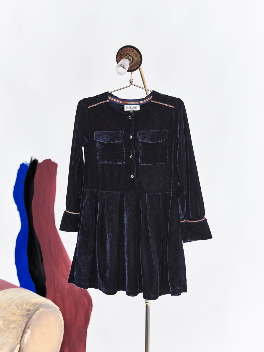 Jean Bourget navy velvet dress with round neck and long sleeves embellished with chic details: burgundy and gold stripes at the neckline and cuffs, 2 pockets in front.