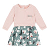 Jean Bourget baby girls dress featuring a rose colored top, floral bottom and a front accent pocket.