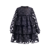 Black heart tiered chiffon A-line dress with an empire waist and ruffled appearance. Dress by Imoga.