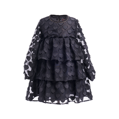 Black heart tiered chiffon A-line dress with an empire waist and ruffled appearance. Dress by Imoga.