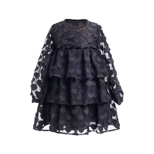 Black heart tiered chiffon A-line dress with an empire waist and ruffled appearance. Dress by Imoga.