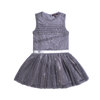 Little girls sleeveless grey party dress with a tutu skirt and shimmer throughout. A silver strap lines the waist for finished look. Dress made by Imoga.