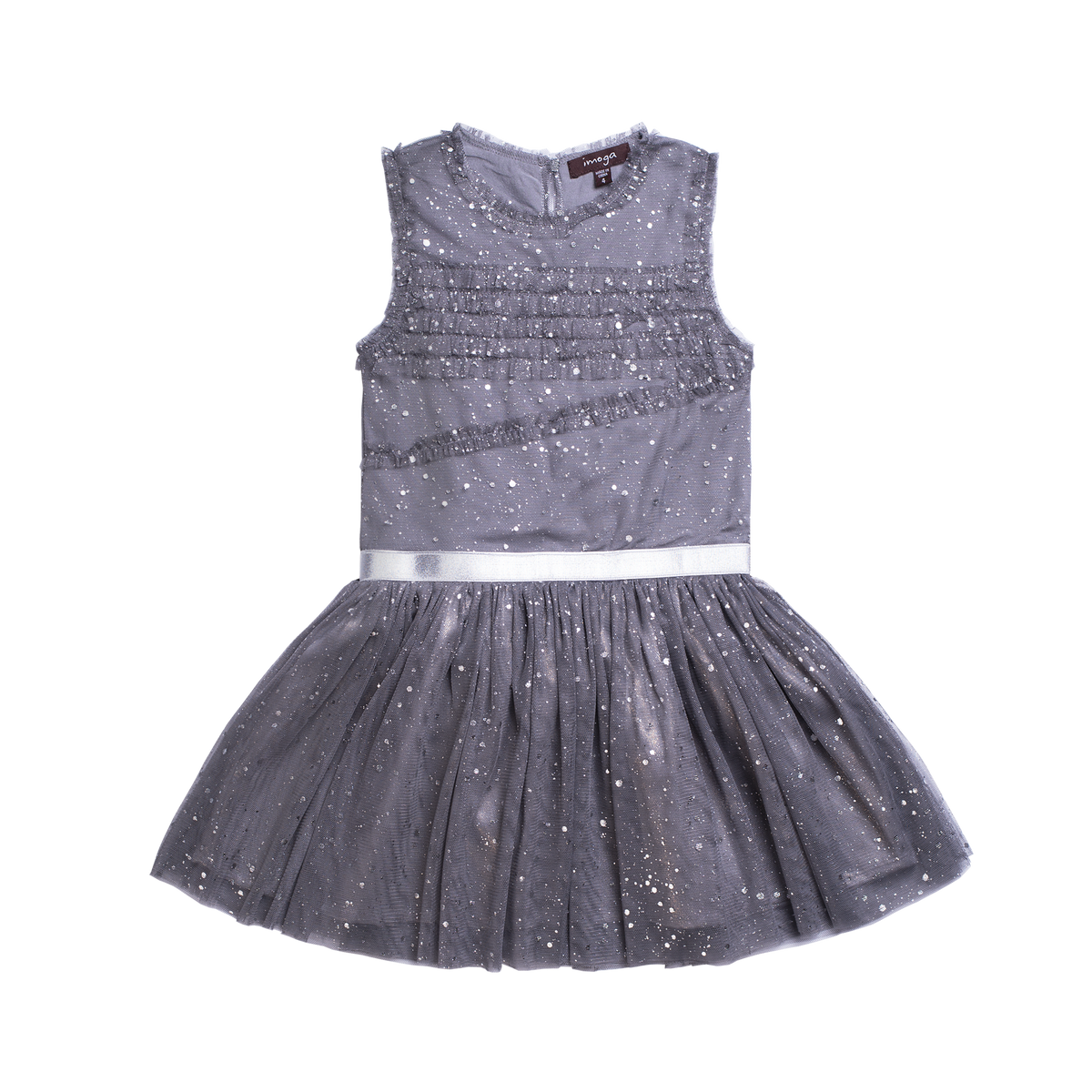 Little girls sleeveless grey party dress with a tutu skirt and shimmer throughout. A silver strap lines the waist for finished look. Dress made by Imoga.