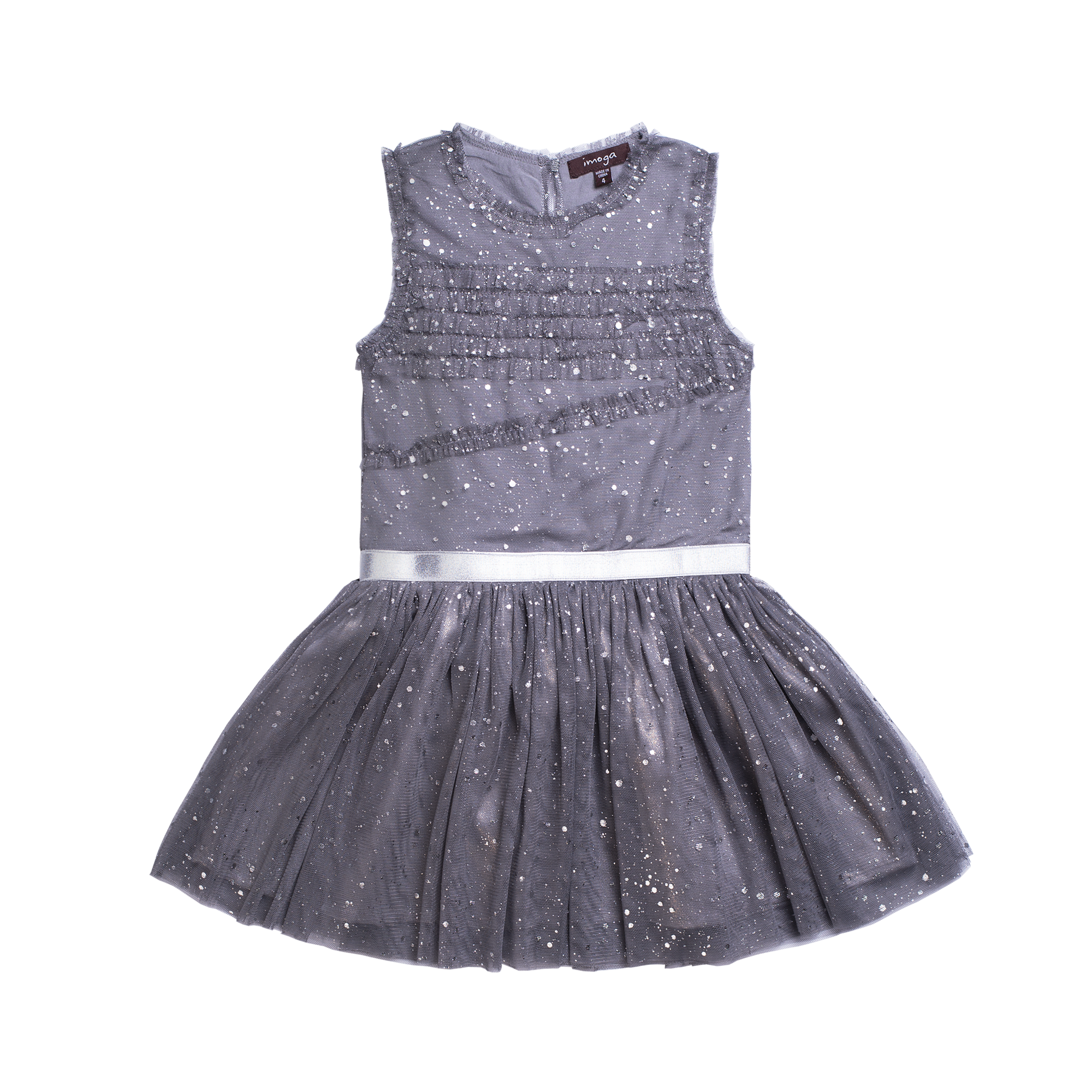 Little girls sleeveless grey party dress with a tutu skirt and shimmer throughout. A silver strap lines the waist for finished look. Dress made by Imoga.