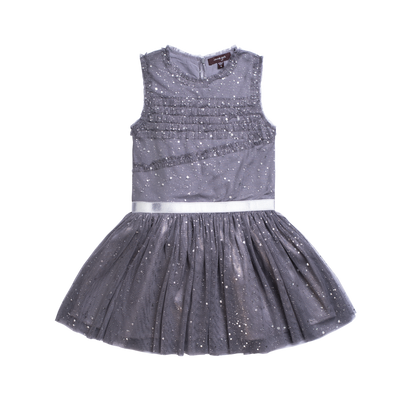 Little girls sleeveless grey party dress with a tutu skirt and shimmer throughout. A silver strap lines the waist for finished look. Dress made by Imoga.