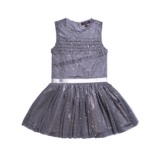 Little girls sleeveless grey party dress with a tutu skirt and shimmer throughout. A silver strap lines the waist for finished look. Dress made by Imoga. 