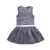 Little girls sleeveless grey party dress with a tutu skirt and shimmer throughout. A silver strap lines the waist for finished look. Dress made by Imoga. 