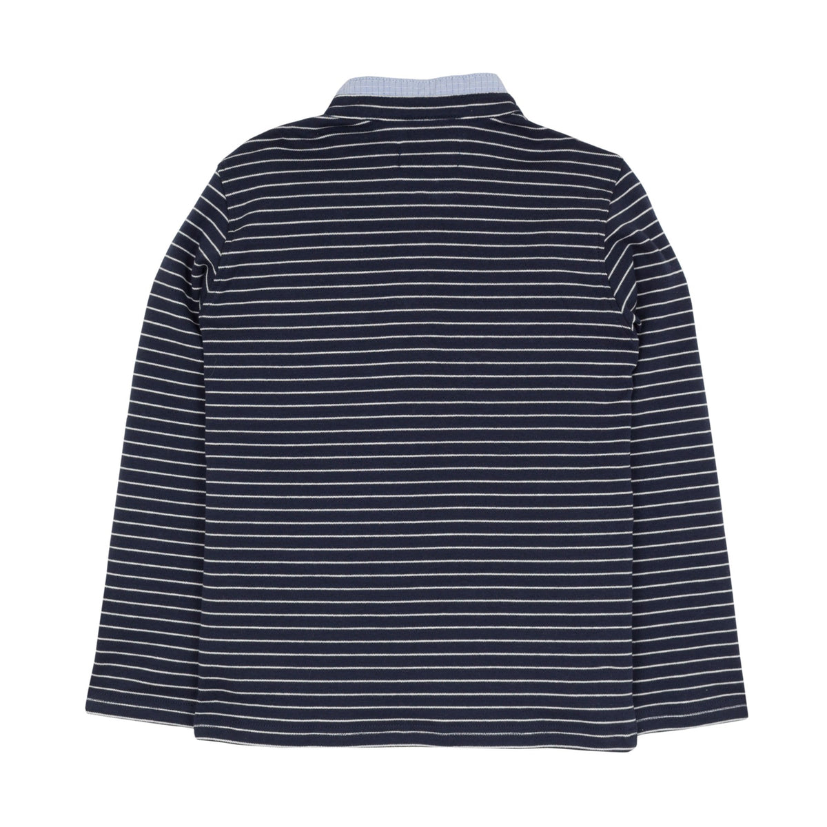 Jean Bourget navy blue long-sleeved polo shirt is punctuated with a sailor stripe. This classic look is twisted by a piped collar of light blue check fabric, matchin