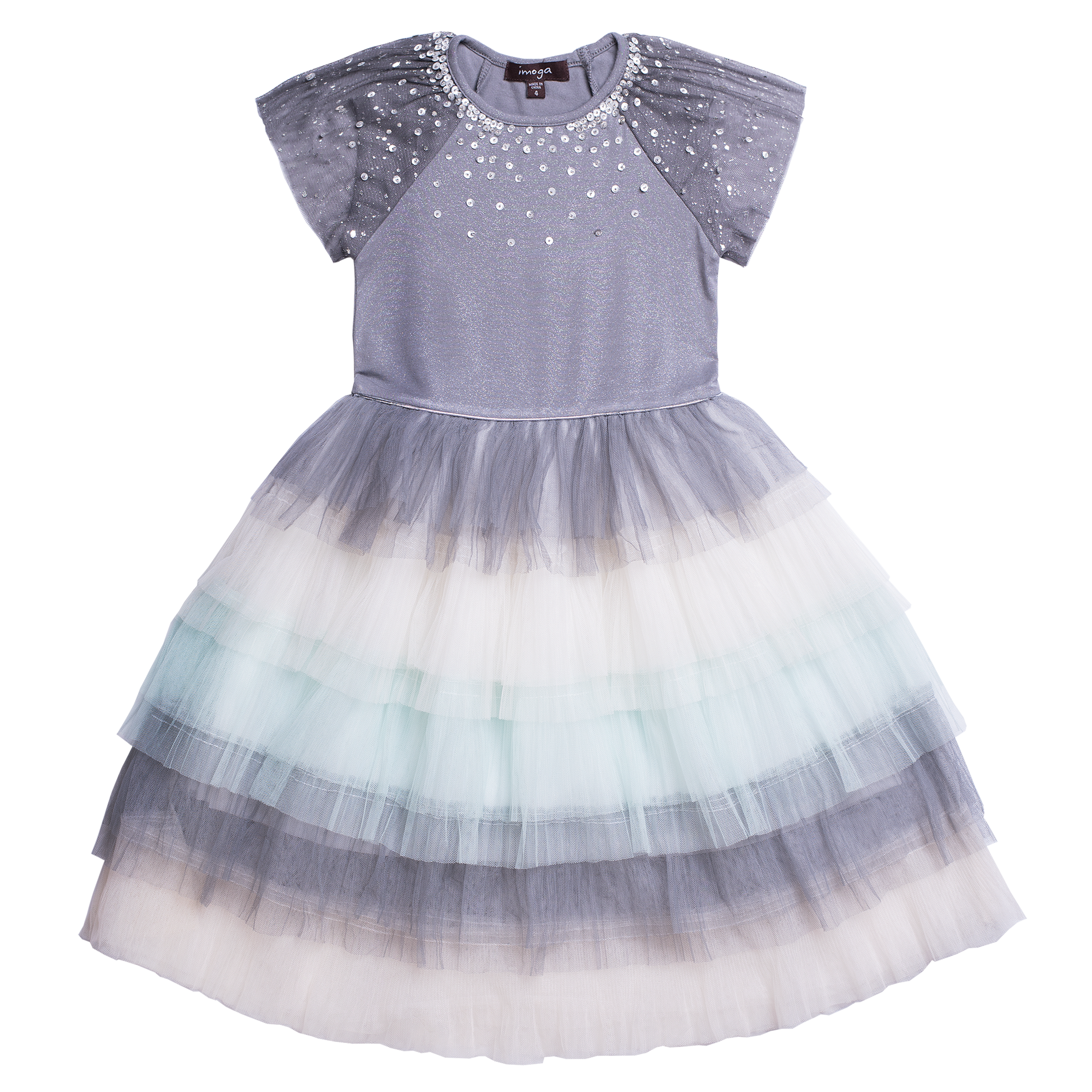 Ballerina tulle dress for girls with rhinestones decreeing the neckline and multilayered skirt with shoes of blues and grey. Image is the designer.