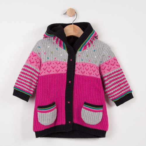 Woolly multicolored knit jacket with small embroideries with soft and warm fleece lining. Lined hood. Two patch pockets snd fastened by practical press studs by Catimini.