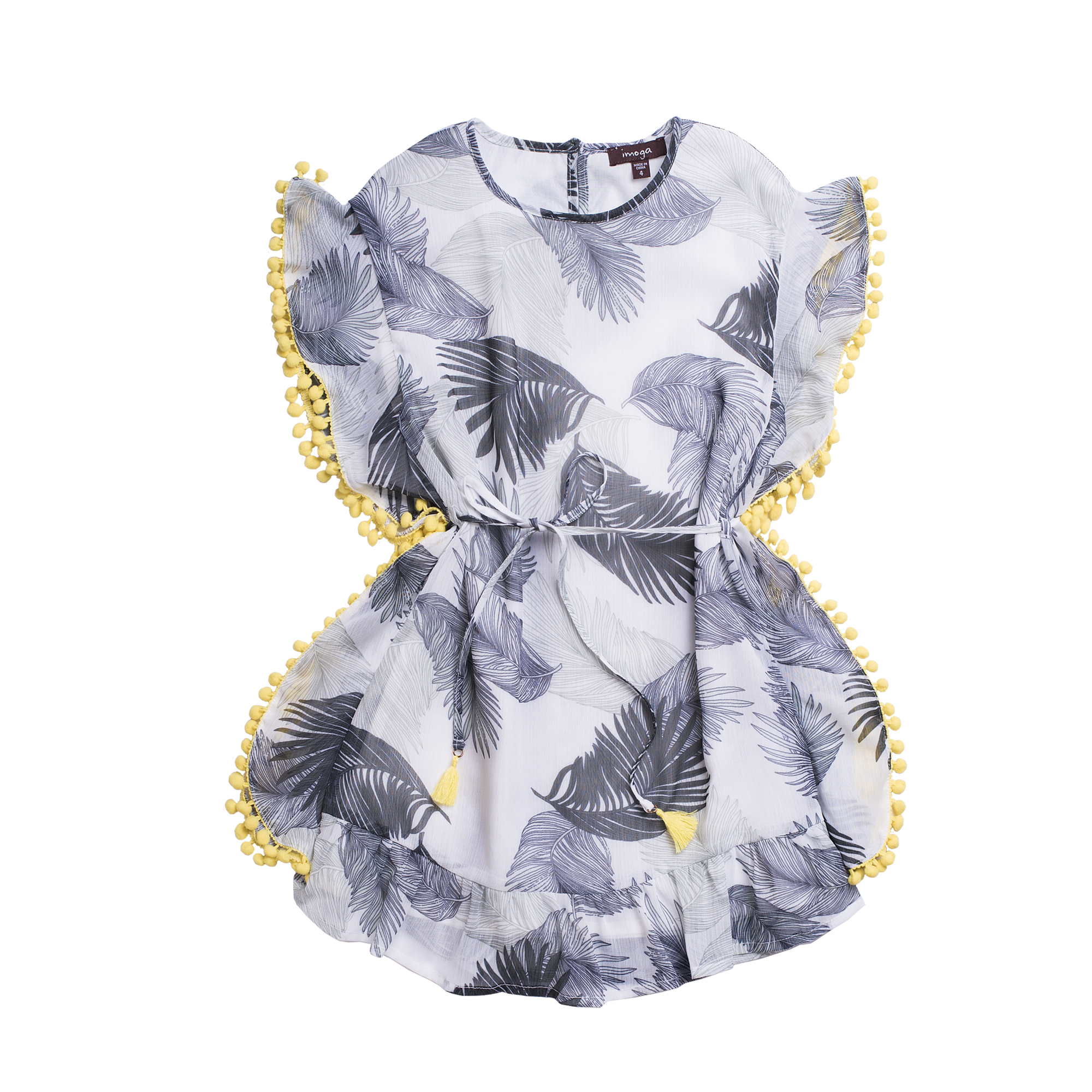 Grey sleeveless dress with feather designs all over and the sides are lined with yellow pom pom balls. By Imoga.