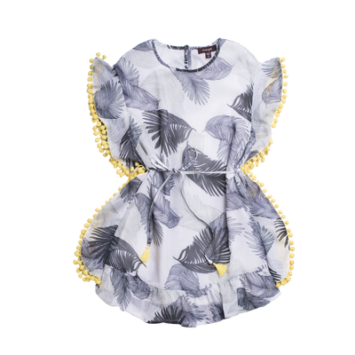 Grey sleeveless dress with feather designs all over and the sides are lined with yellow pom pom balls. By Imoga.