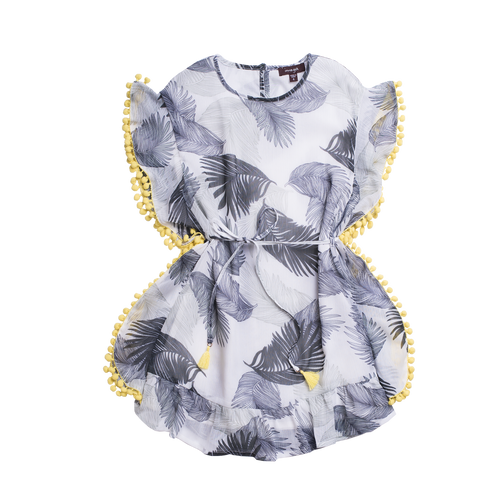 Grey sleeveless dress with feather designs all over and the sides are lined with yellow pom pom balls. By Imoga.