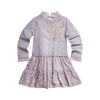 Girls chiffon sweater dress with gold bows decorating the skirt and rhinestone necklace print on the front. Dress is designed by girls designer Imoga.