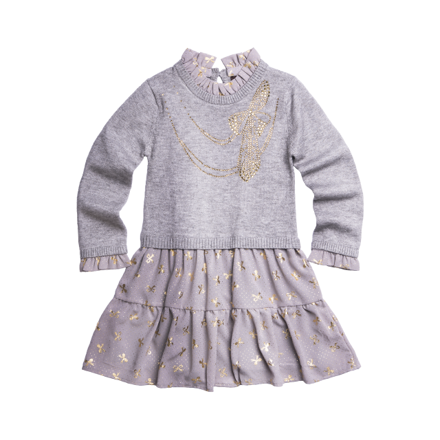 Girls chiffon sweater dress with gold bows decorating the skirt and rhinestone necklace print on the front. Dress is designed by girls designer Imoga.