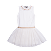 White ballerina tulle dress for girls. This dress has shimmer decorating the bottom and embellishment around the neckline. By Imoga.